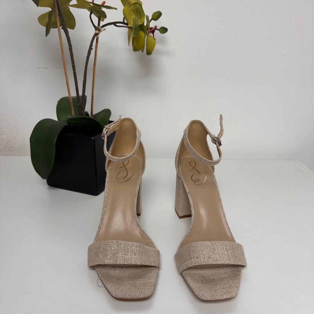 Sam Edelman Daniella Natural Glitter Open Toe Ankle Strap Block Heeled Sandal
